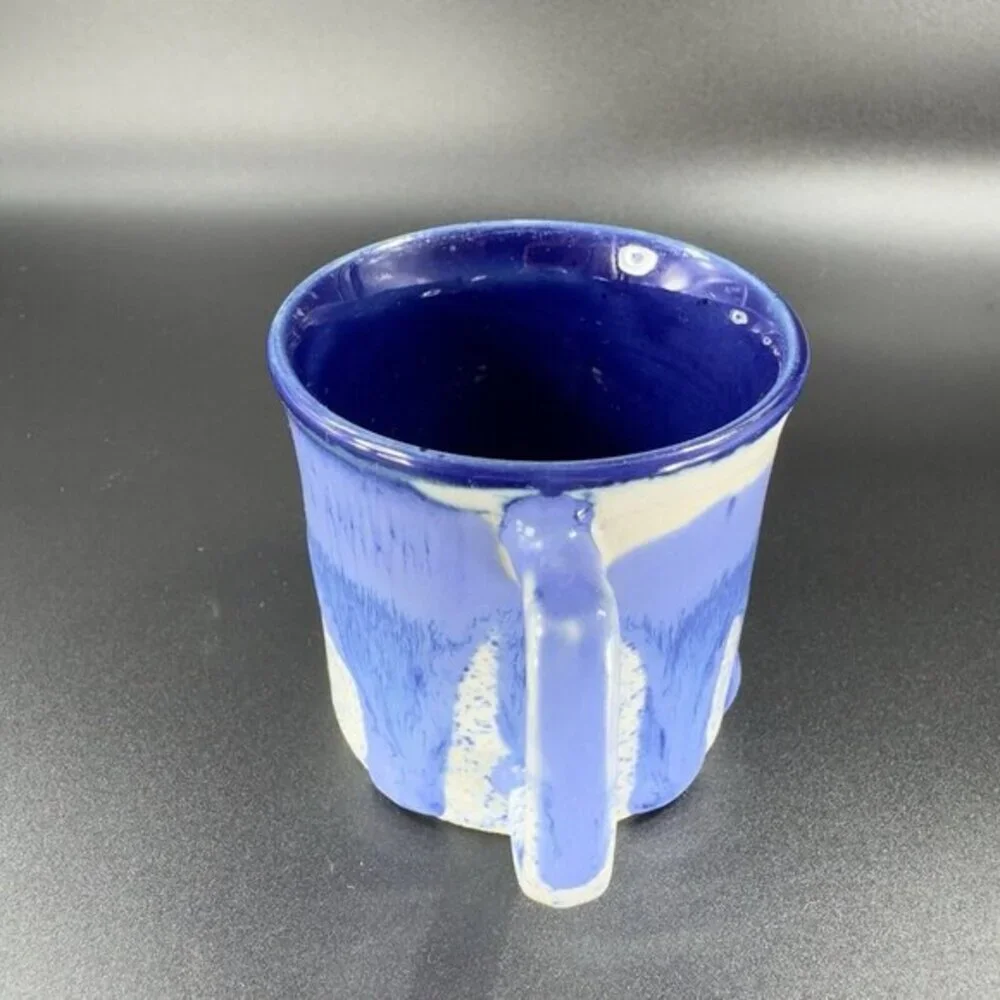 Vintage 1980s Blue Drip‎ Glaze Pottery Coffee Mug Cup Set 2 Hand Made Stoneware